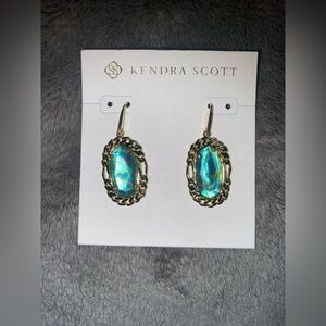 BNWT Kendra Scott Dani Figaro Frame Drop Earrings in Gold Deep Aqua Illusion $80